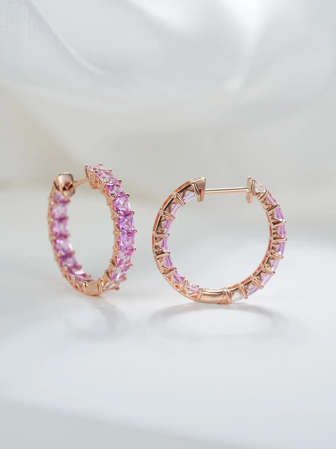 18k Gold Custom Natural Gem Stone Sapphire Large Hoop Princess Earrings