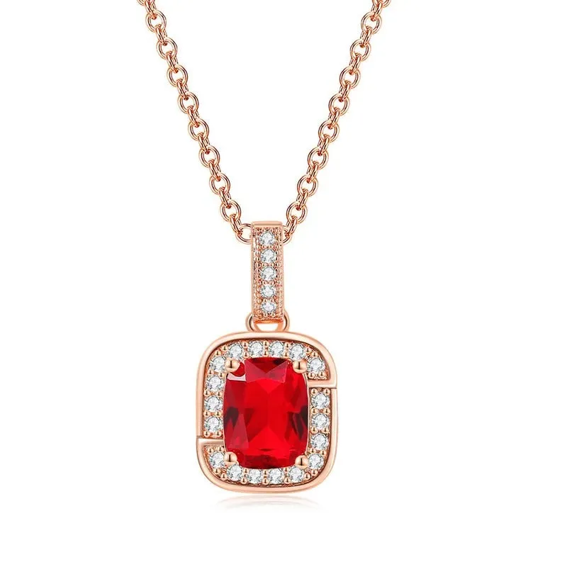 18K Rose Gold Created Ruby Princess Halo Pendant Necklace, Earrings and Tennis Bracelet Jewelry Set Plated