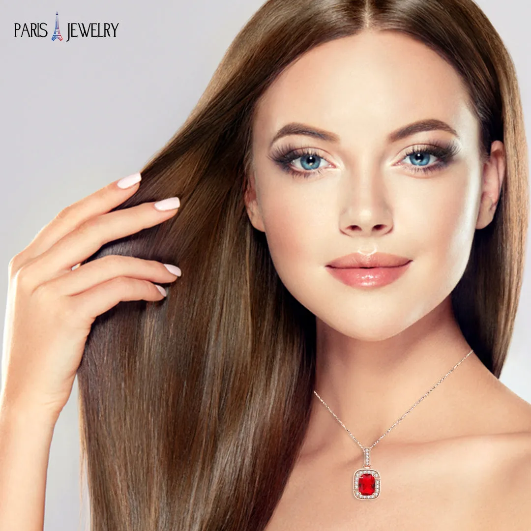 18K Rose Gold Created Ruby Princess Halo Pendant Necklace, Earrings and Tennis Bracelet Jewelry Set Plated