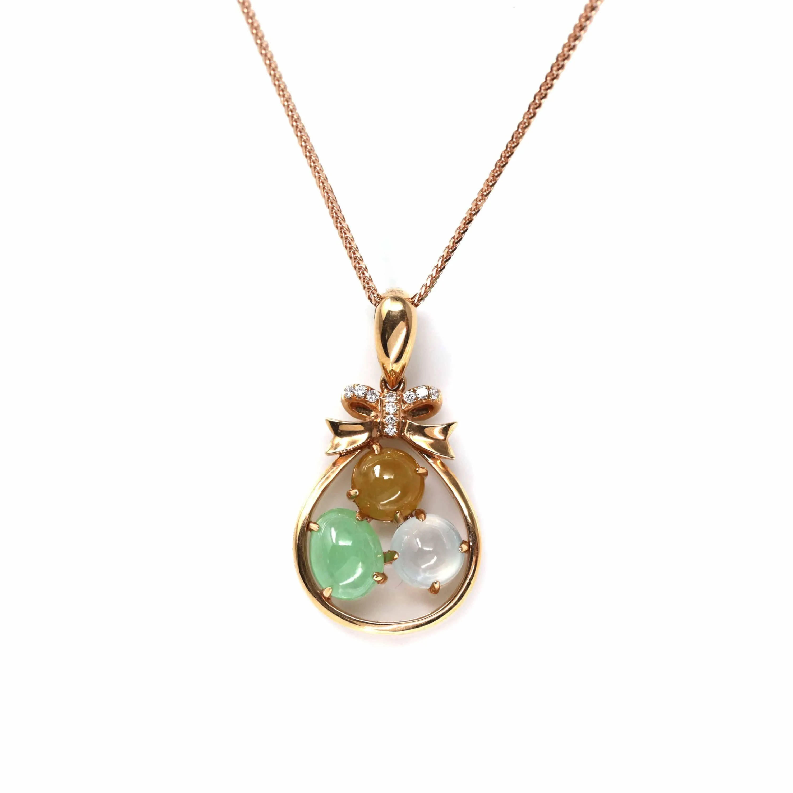 18k Rose Gold Jadeite Jade Diamond Pendant Necklace ( Ice & Green & Yellow Jade )