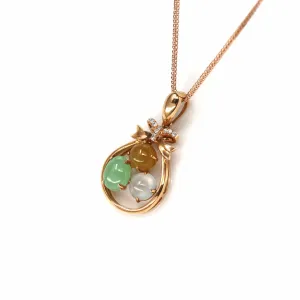 18k Rose Gold Jadeite Jade Diamond Pendant Necklace ( Ice & Green & Yellow Jade )