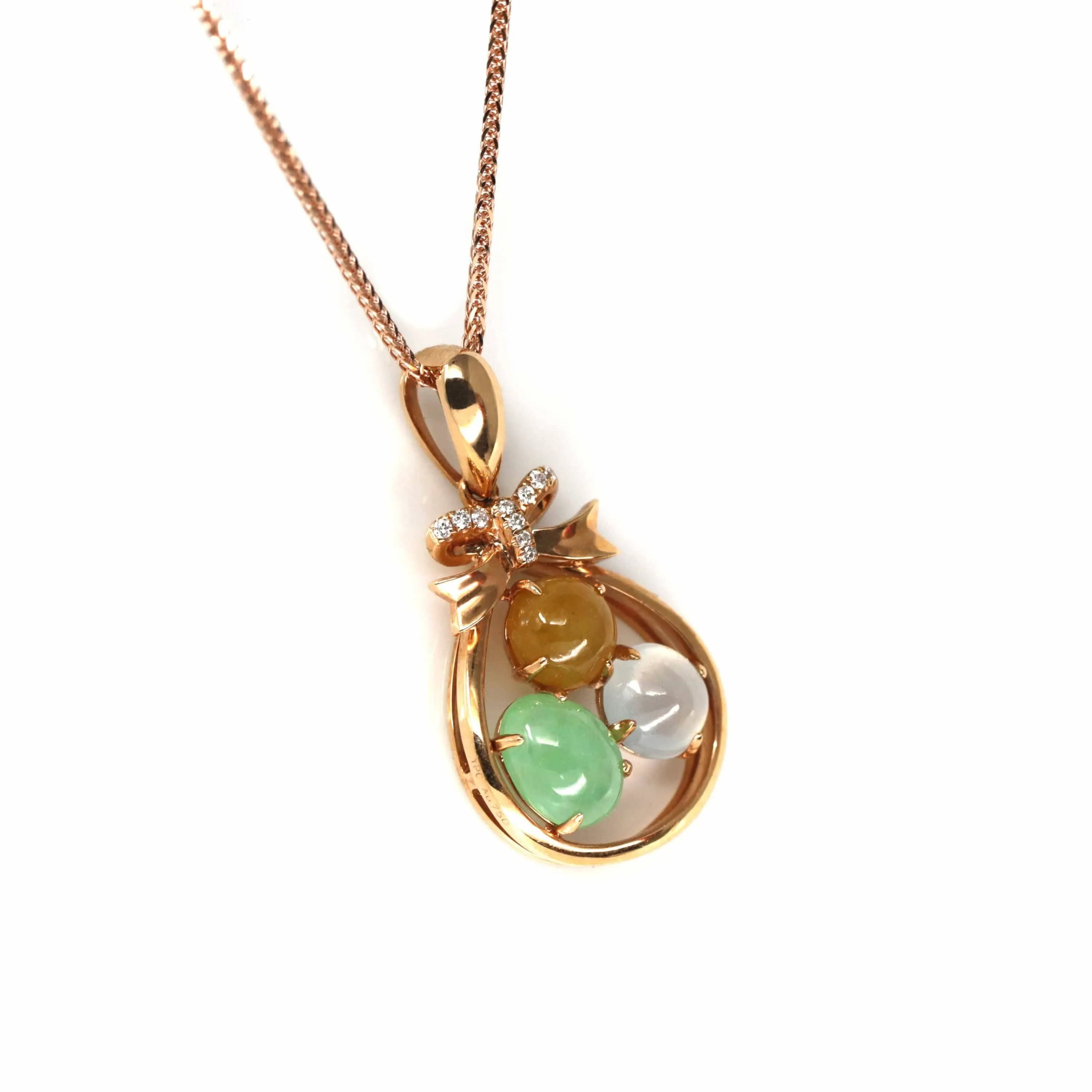 18k Rose Gold Jadeite Jade Diamond Pendant Necklace ( Ice & Green & Yellow Jade )