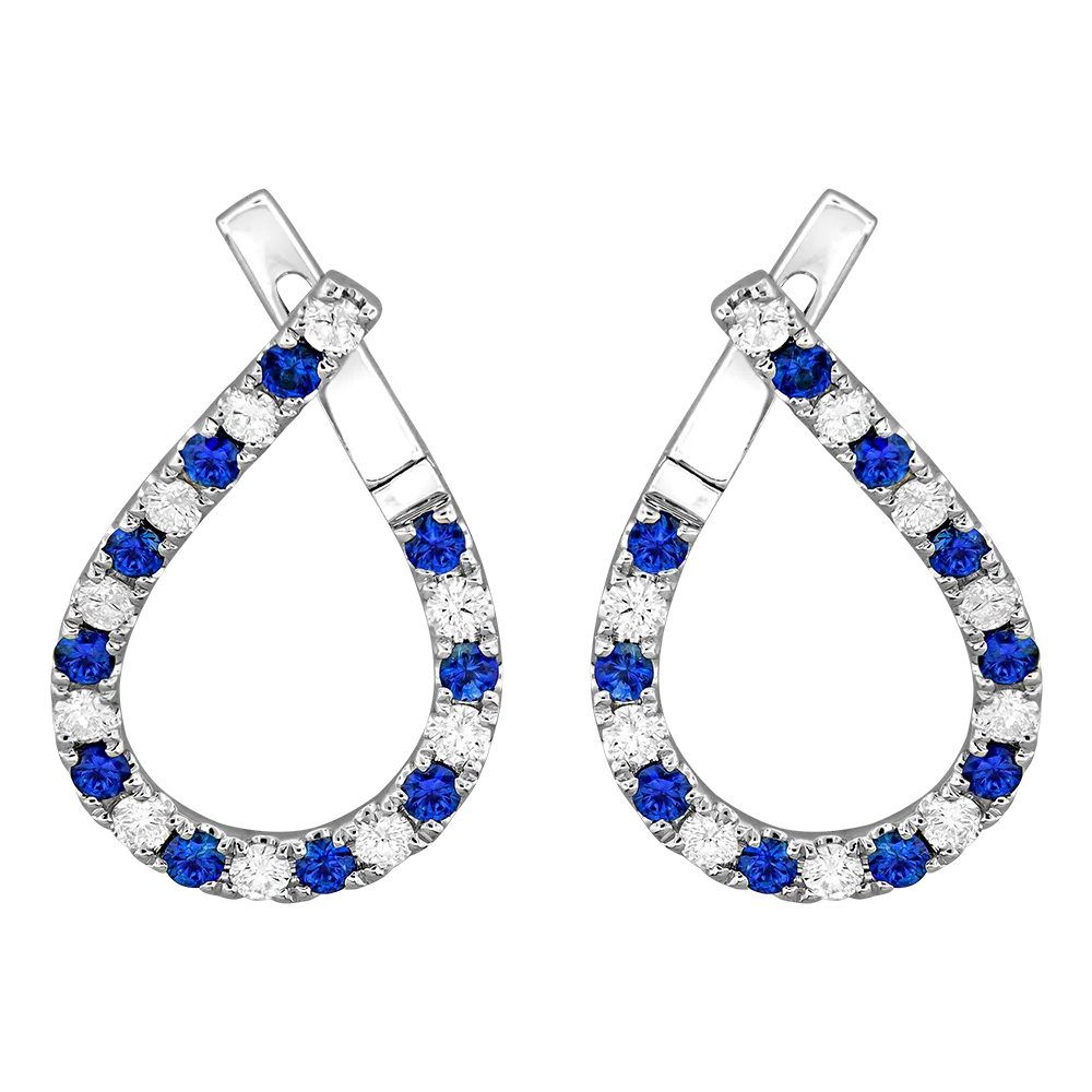 18K White Blue Sapphire and Natural Diamond Hoop Earrings