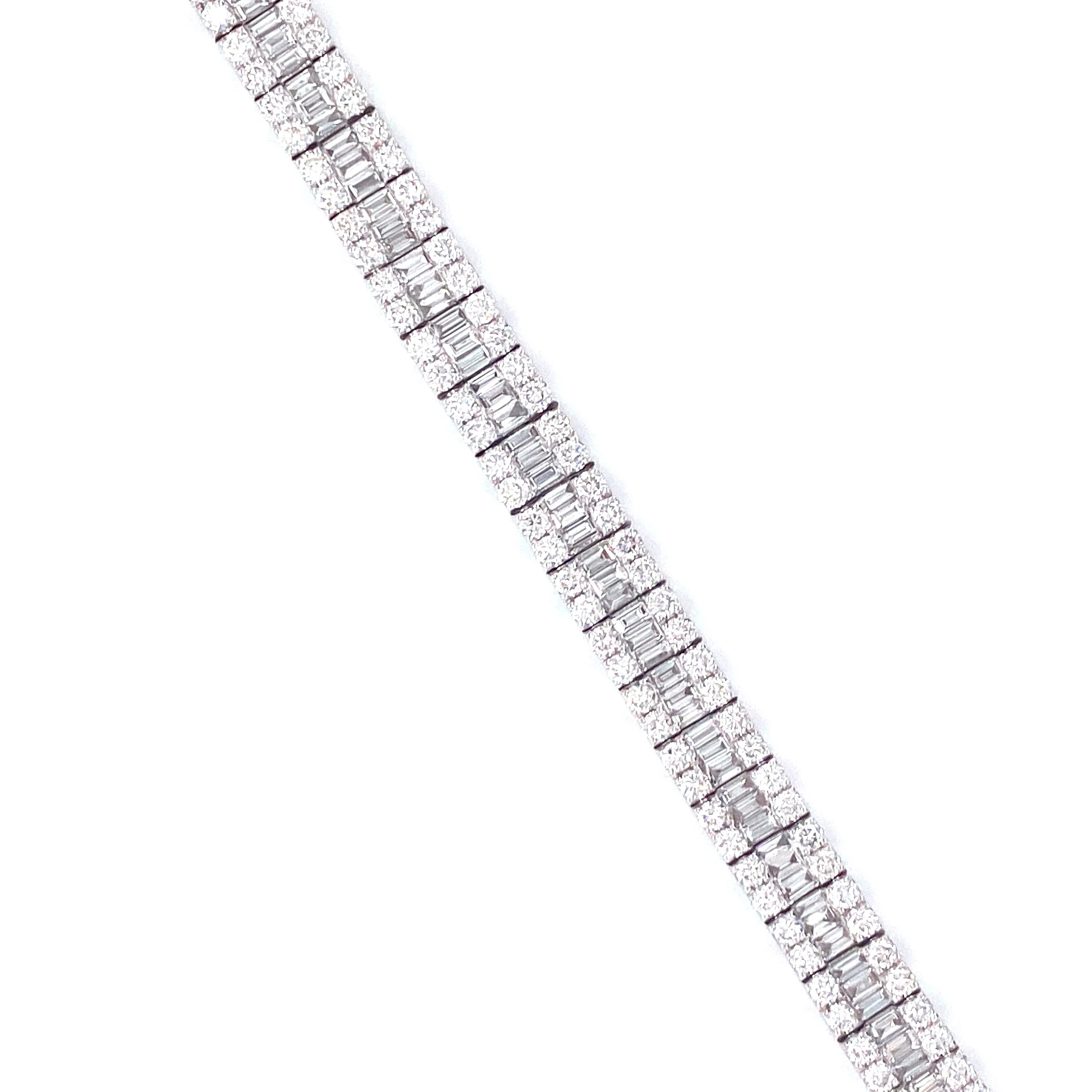 18K White Gold Baguette   Round Diamond Tennis Bracelet