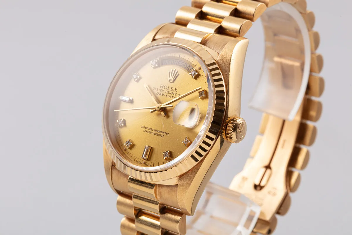 1988 Unpolished Rolex 18K YG Day-Date 18038 with Metallic Gold Diamond Dial