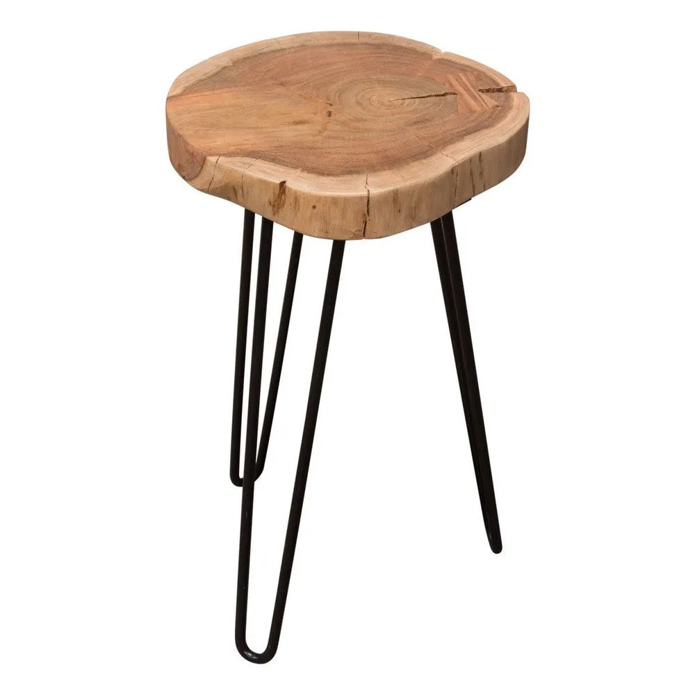 23 Inch Side End Table, Hairpin Legs, Natural Brown Acacia Wood, Black Base By Casagear Home