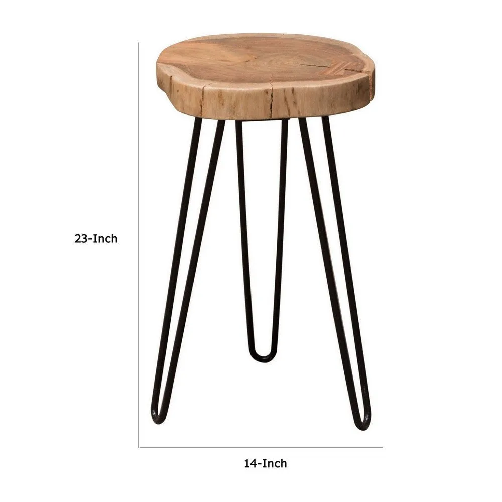 23 Inch Side End Table, Hairpin Legs, Natural Brown Acacia Wood, Black Base By Casagear Home