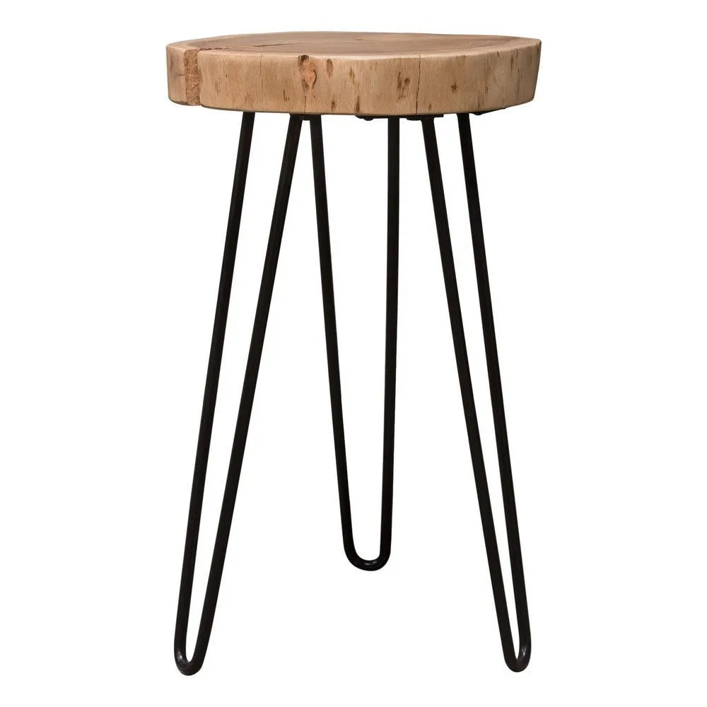 23 Inch Side End Table, Hairpin Legs, Natural Brown Acacia Wood, Black Base By Casagear Home