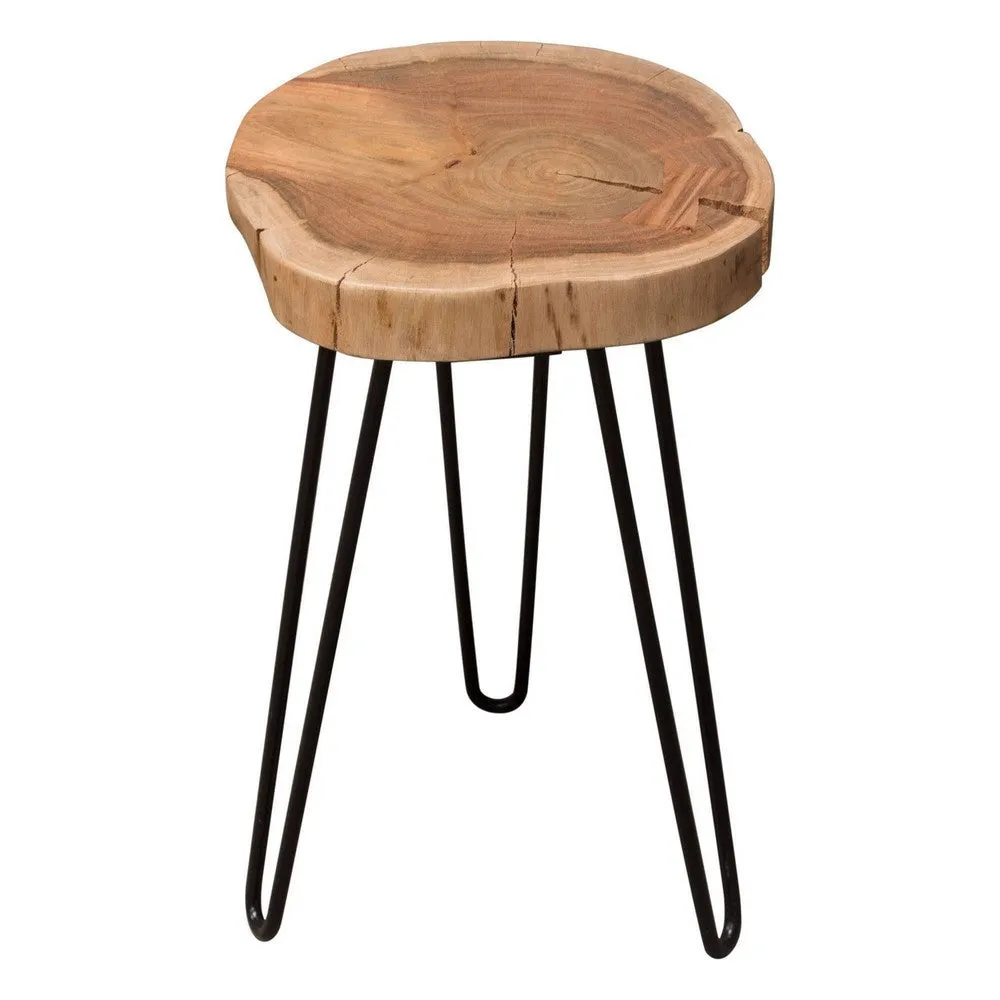 23 Inch Side End Table, Hairpin Legs, Natural Brown Acacia Wood, Black Base By Casagear Home