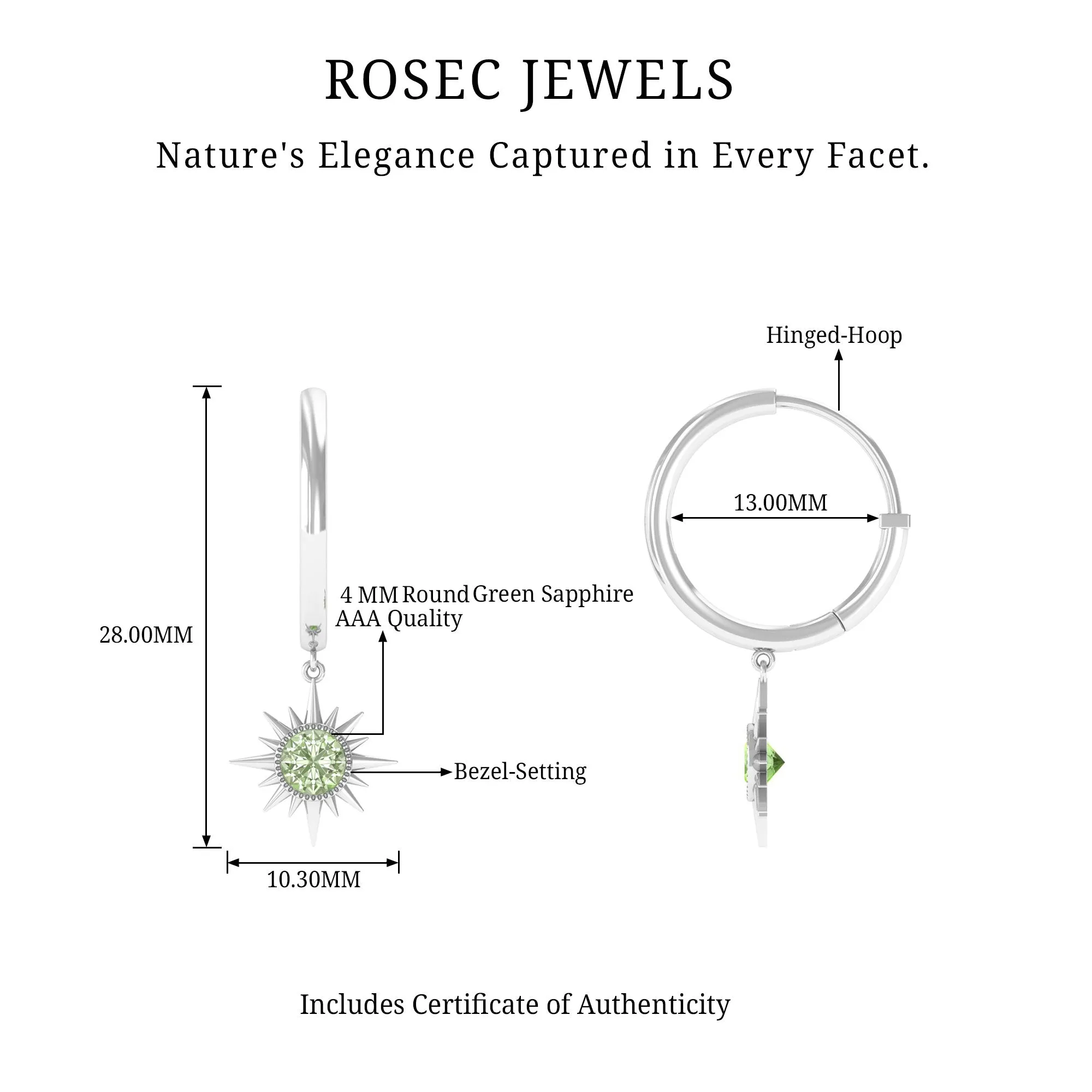 3/4 CT Milgrain Bezel Set Green Sapphire Sunburst Drop Hoop Earrings