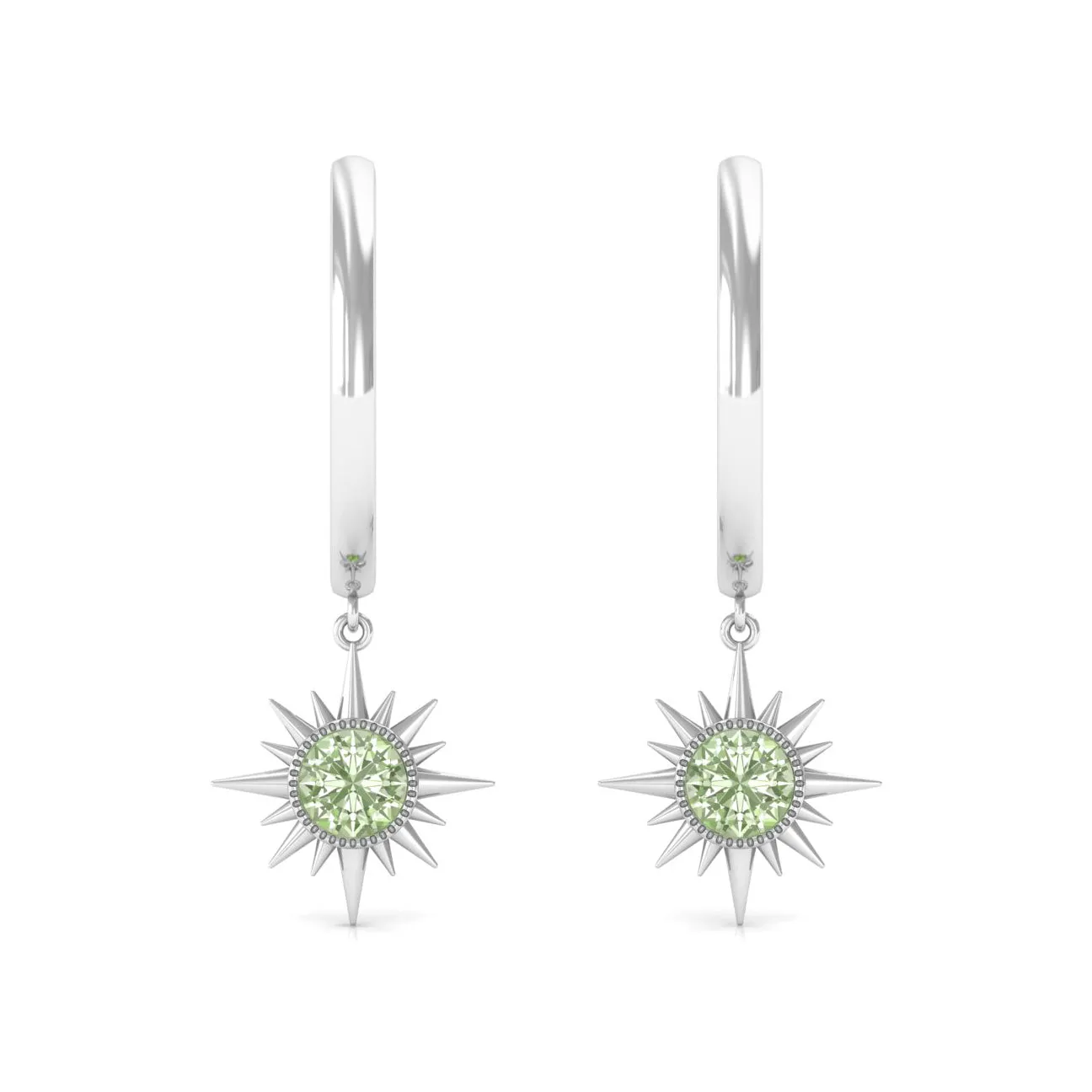 3/4 CT Milgrain Bezel Set Green Sapphire Sunburst Drop Hoop Earrings