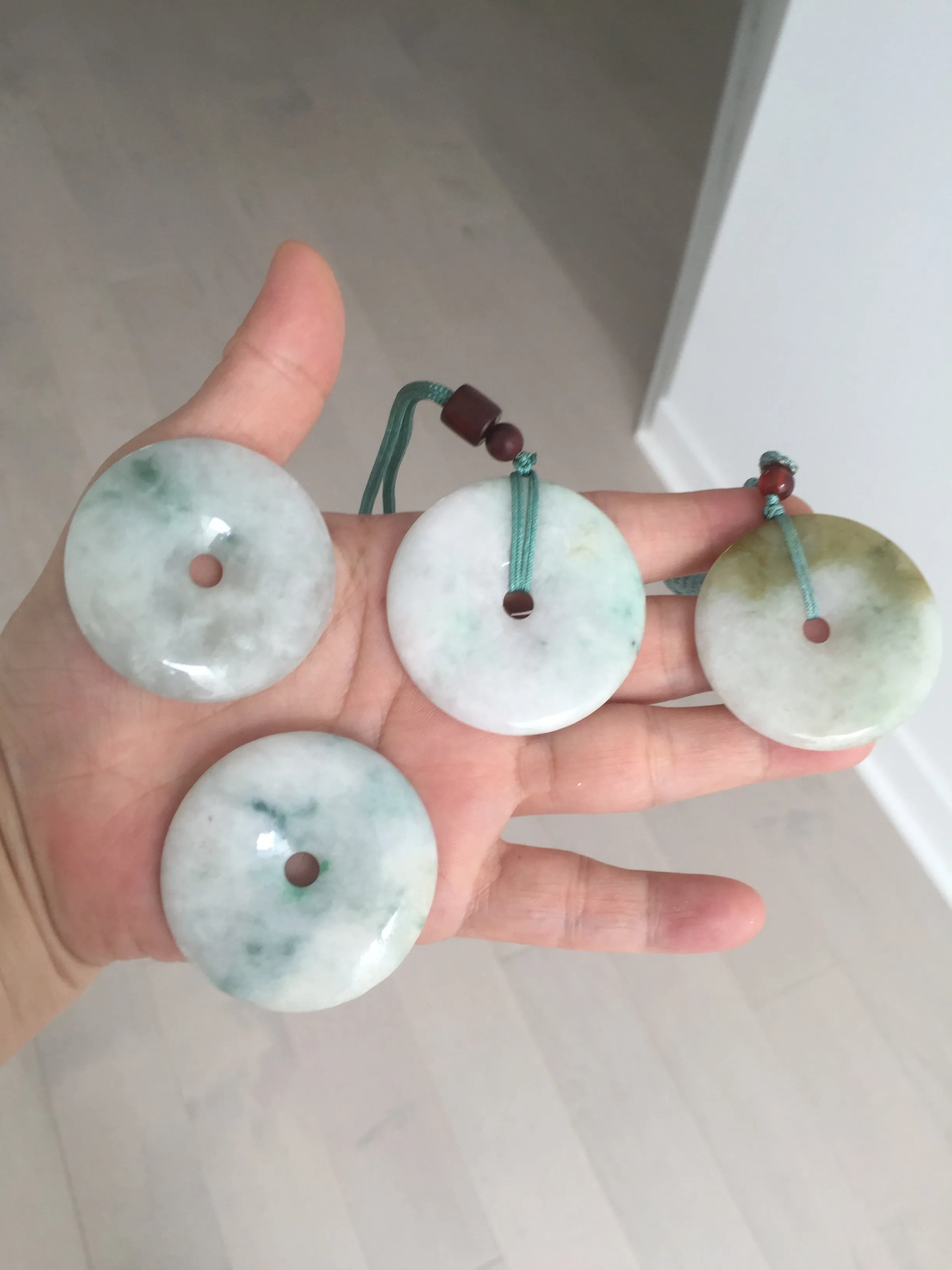 40-43mm Type A 100% Natural green light brown Jadeite Jade Safety Guardian Button donuts Pendant group BP110