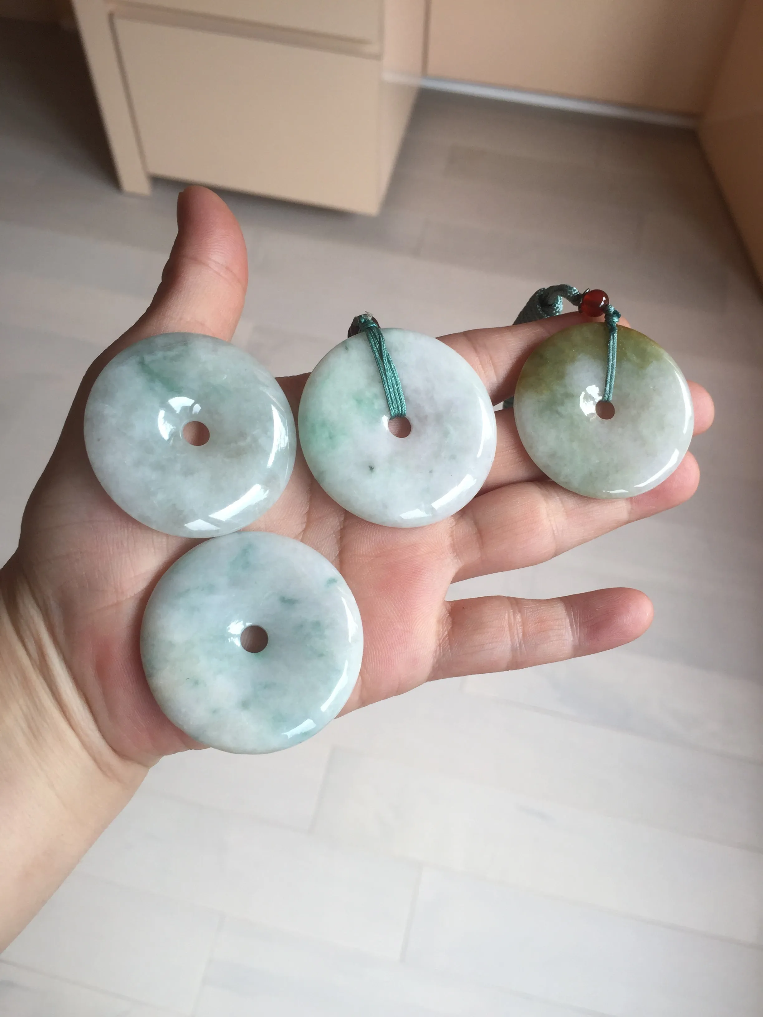 40-43mm Type A 100% Natural green light brown Jadeite Jade Safety Guardian Button donuts Pendant group BP110