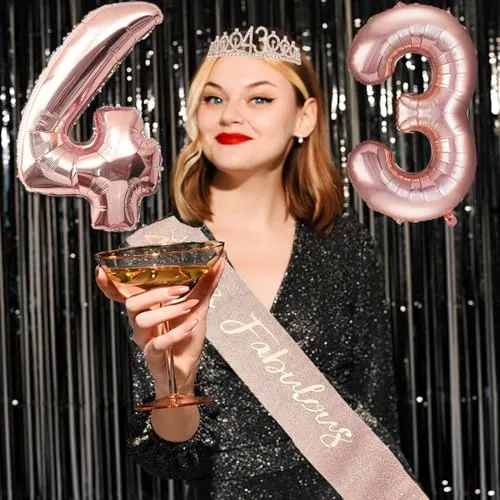 43rd Birthday Decorations for Her Women, Including 43 year old Birthday Cake Topper, Birthday Queen Sash with Pearl Pin, Sweet Rhinestone Tiara Crown, Number Candles and Balloons Set, Rose Gold