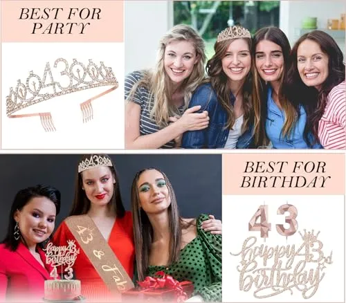 43rd Birthday Decorations for Her Women, Including 43 year old Birthday Cake Topper, Birthday Queen Sash with Pearl Pin, Sweet Rhinestone Tiara Crown, Number Candles and Balloons Set, Rose Gold