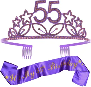 55th Birthday Gifts for Woman, 55th Birthday Tiara and Sash Purple, HAPPY 55th Birthday