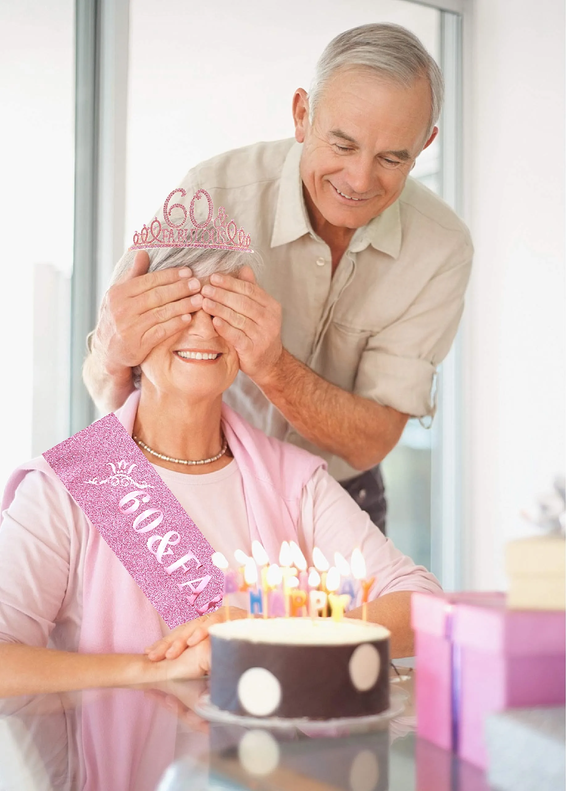 Optimize the title of this e-commerce product to include modifiers in English: Pink 60th Birthday Celebration Set - Tiara, Sash, and Decorations for Women