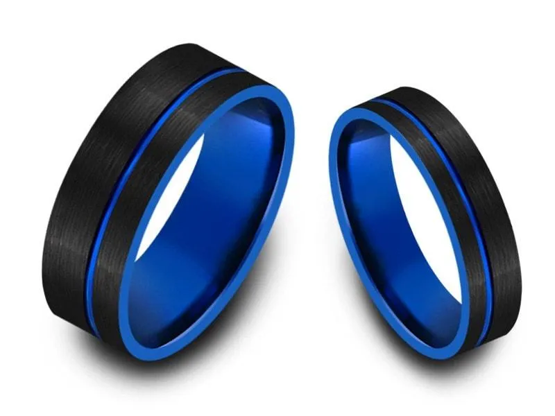 6MM/8MM BRUSHED BLACK Tungsten Wedding Band SET  FLAT AND BLUE INTERIOR