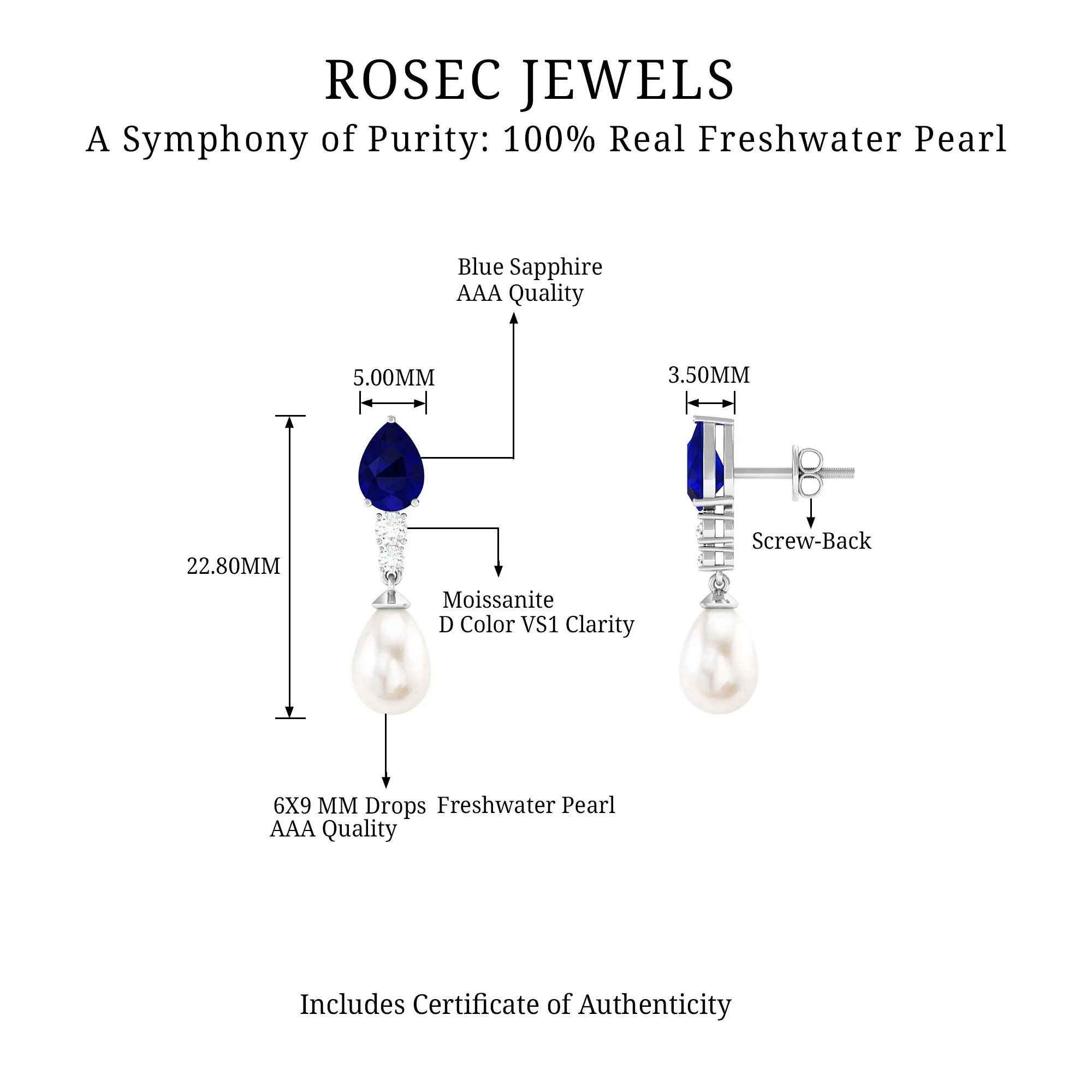 7.5 CT Blue Sapphire And Freshwater Pearl Dangle Earrings with Moissanite