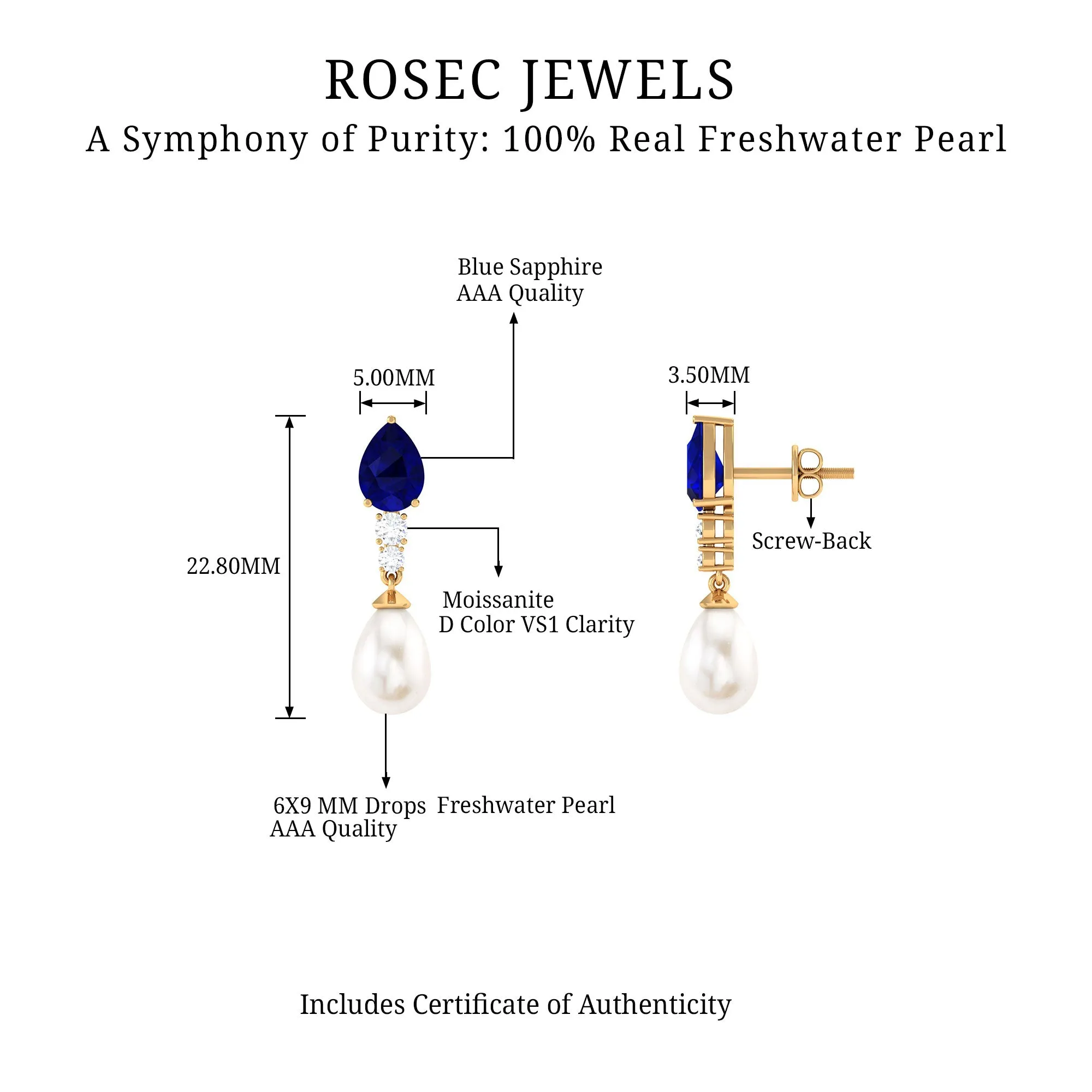 7.5 CT Blue Sapphire And Freshwater Pearl Dangle Earrings with Moissanite