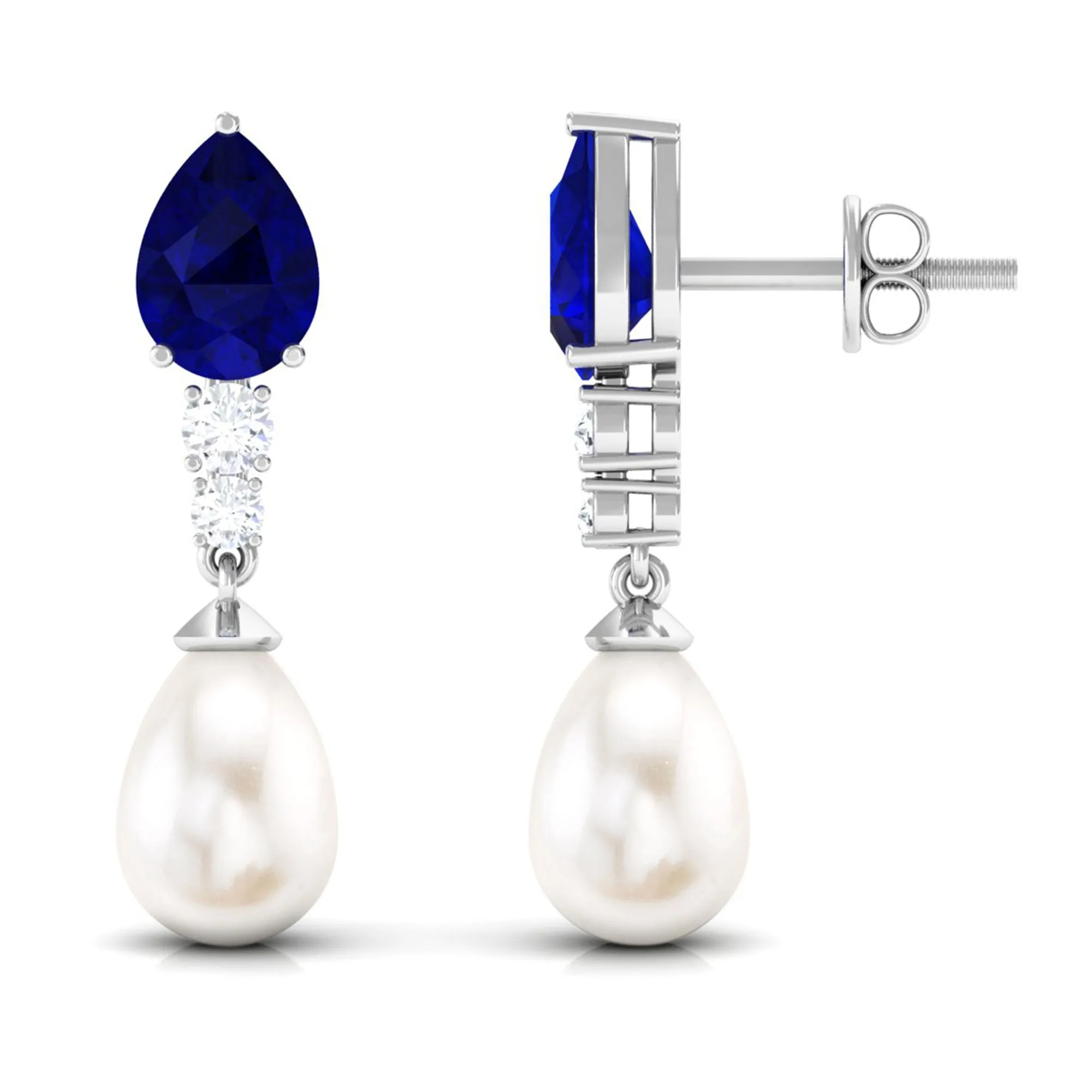 7.5 CT Blue Sapphire And Freshwater Pearl Dangle Earrings with Moissanite