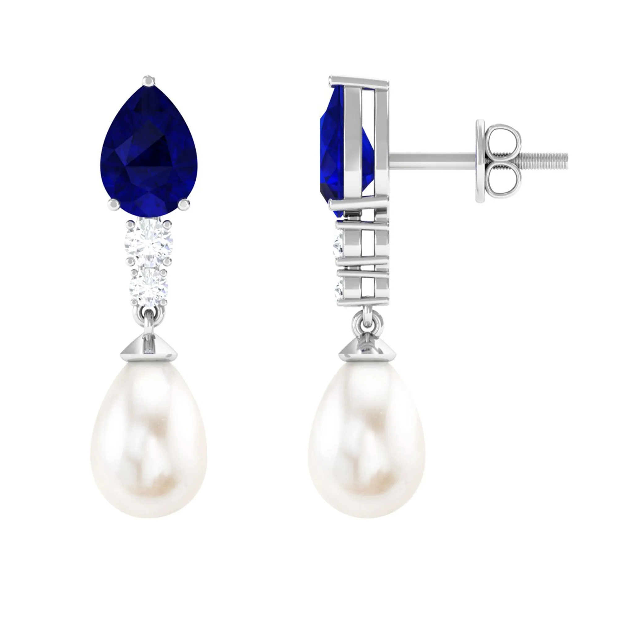 7.5 CT Blue Sapphire And Freshwater Pearl Dangle Earrings with Moissanite