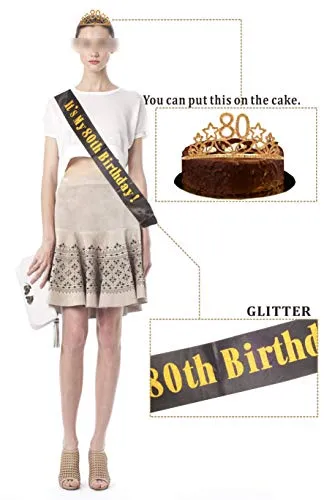 80th Birthday Gifts for Woman, 80th Birthday Tiara and Sash Gold, HAPPY 80th Birthday