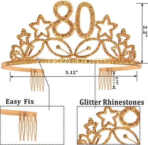 80th Birthday Gifts for Woman, 80th Birthday Tiara and Sash Gold, HAPPY 80th Birthday