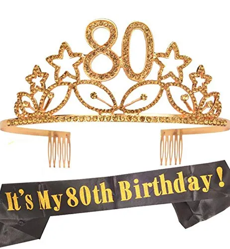 80th Birthday Gifts for Woman, 80th Birthday Tiara and Sash Gold, HAPPY 80th Birthday