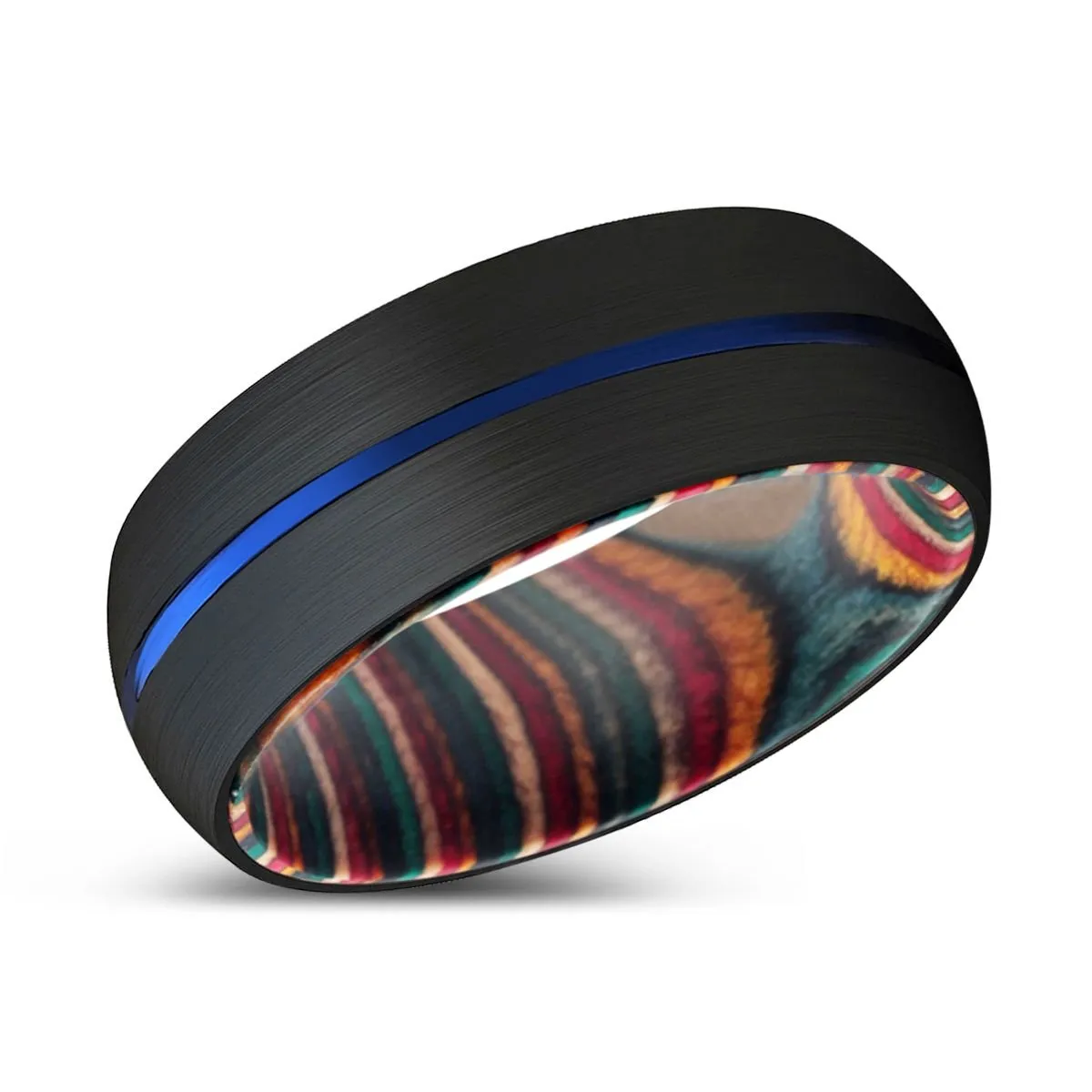 ALBY | Multi Color Wood, Black Tungsten Ring, Blue Groove, Domed