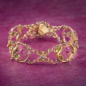 Antique Art Nouveau Pink Tourmaline Pearl Flower Bracelet 9ct Gold