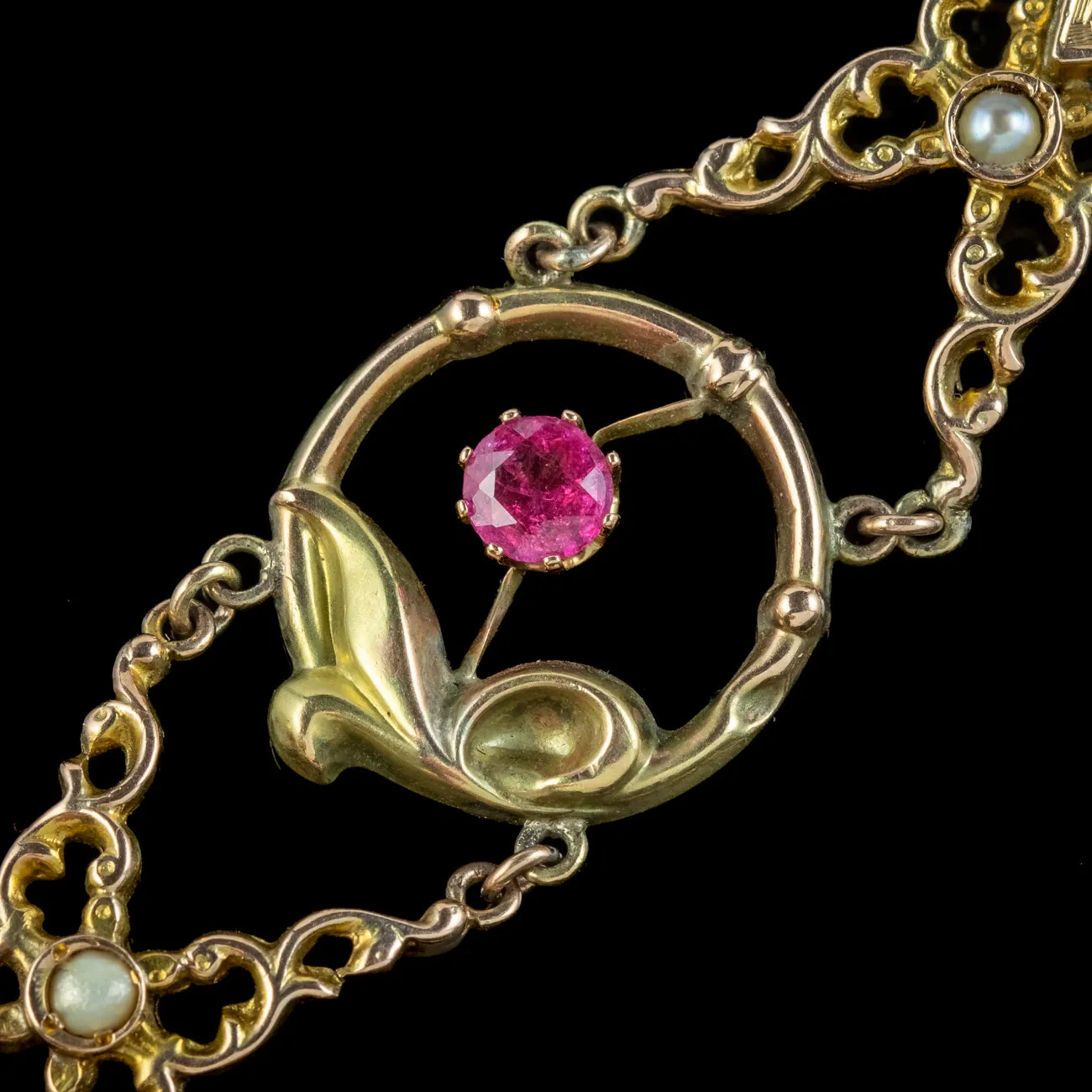 Antique Art Nouveau Pink Tourmaline Pearl Flower Bracelet 9ct Gold