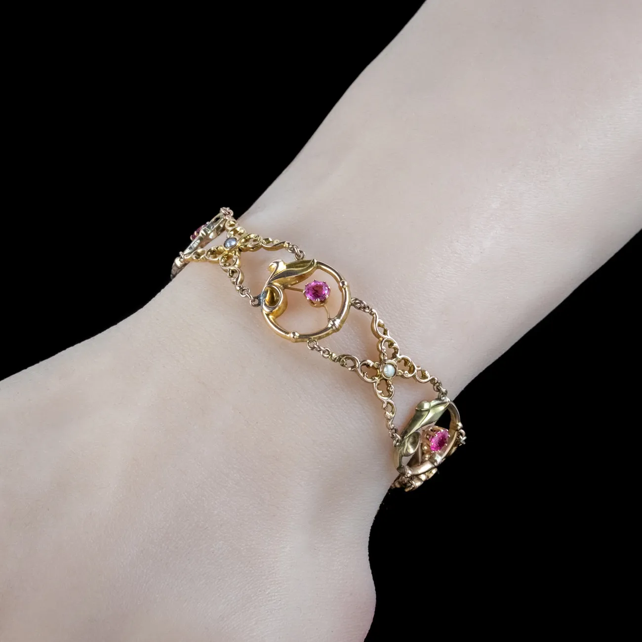 Antique Art Nouveau Pink Tourmaline Pearl Flower Bracelet 9ct Gold