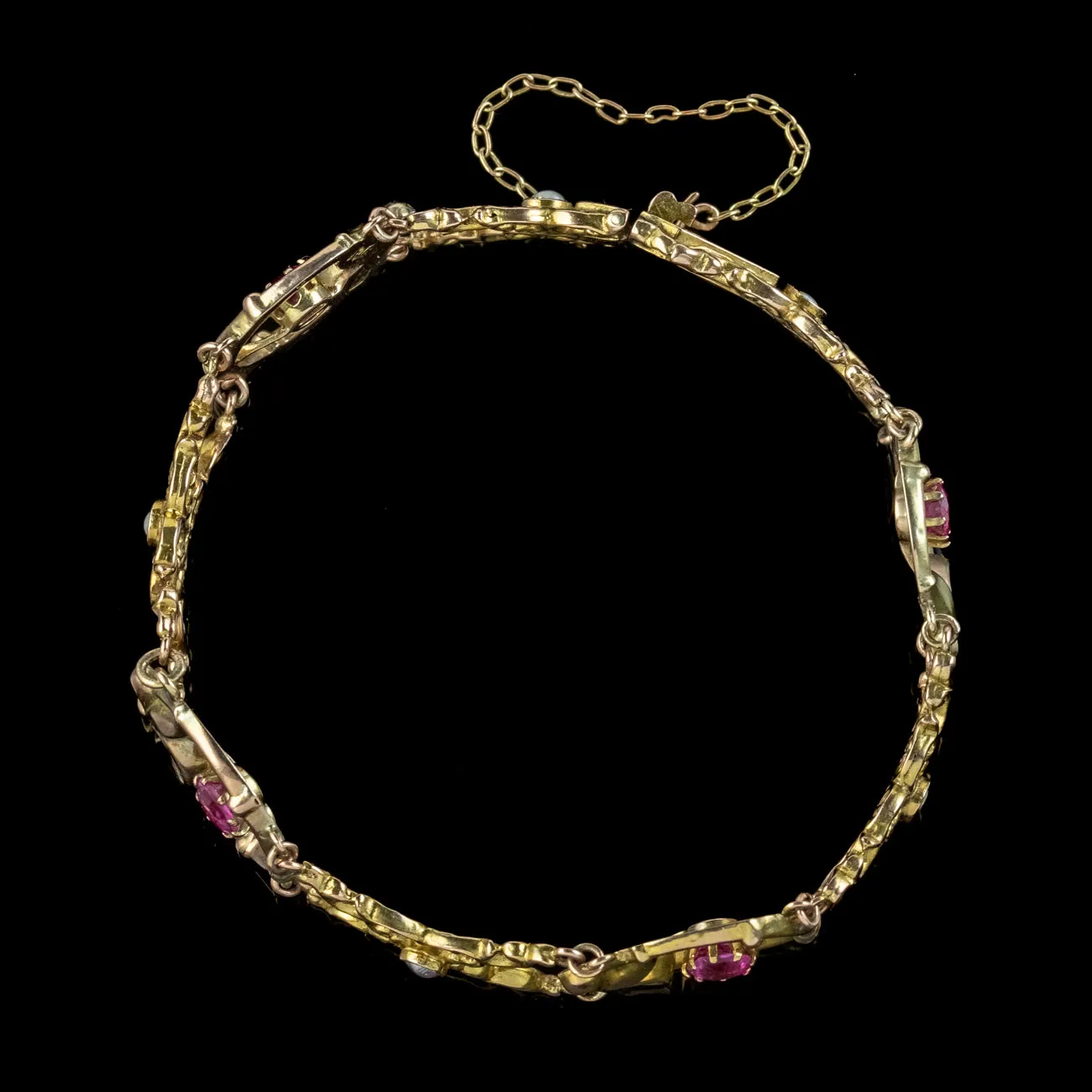 Antique Art Nouveau Pink Tourmaline Pearl Flower Bracelet 9ct Gold