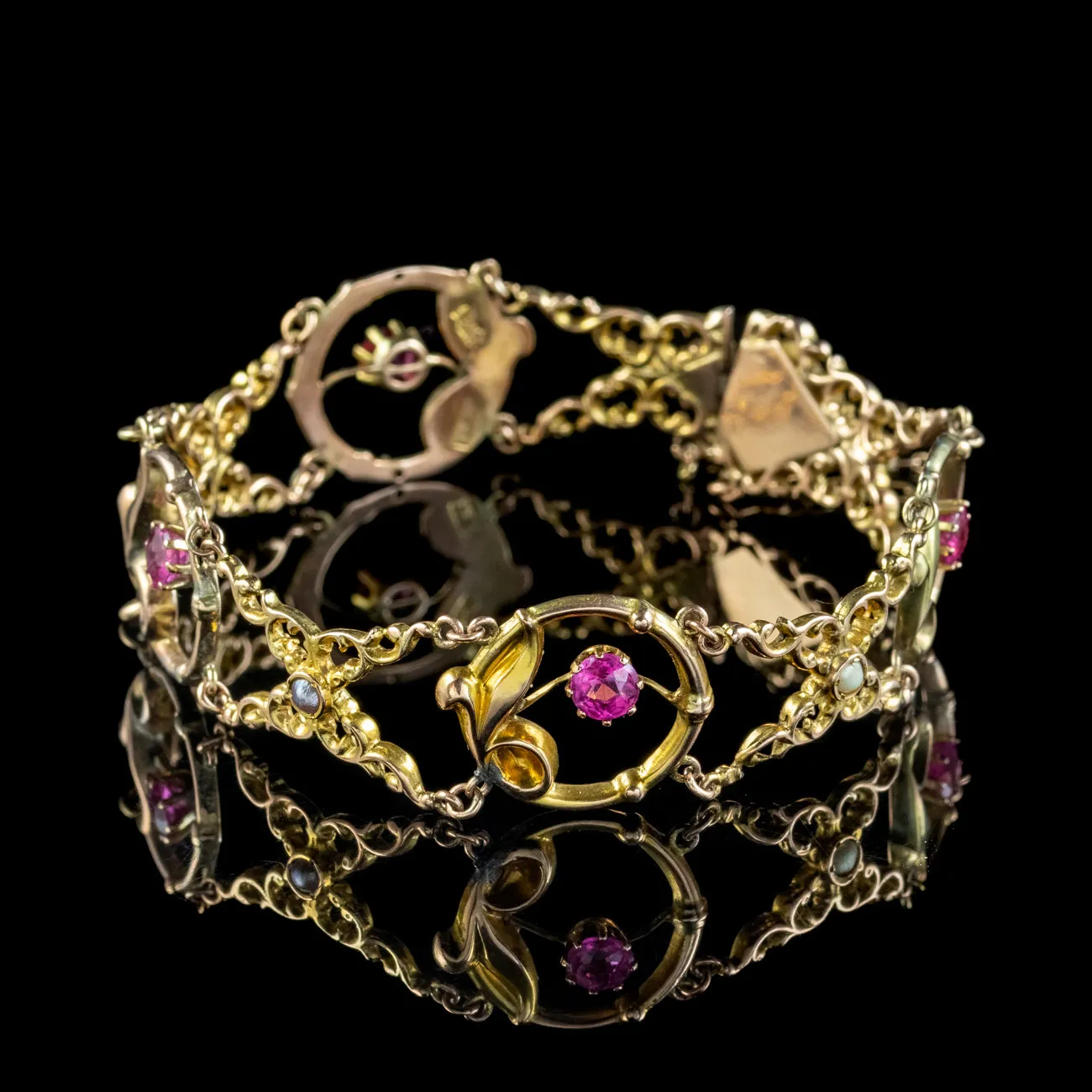 Antique Art Nouveau Pink Tourmaline Pearl Flower Bracelet 9ct Gold