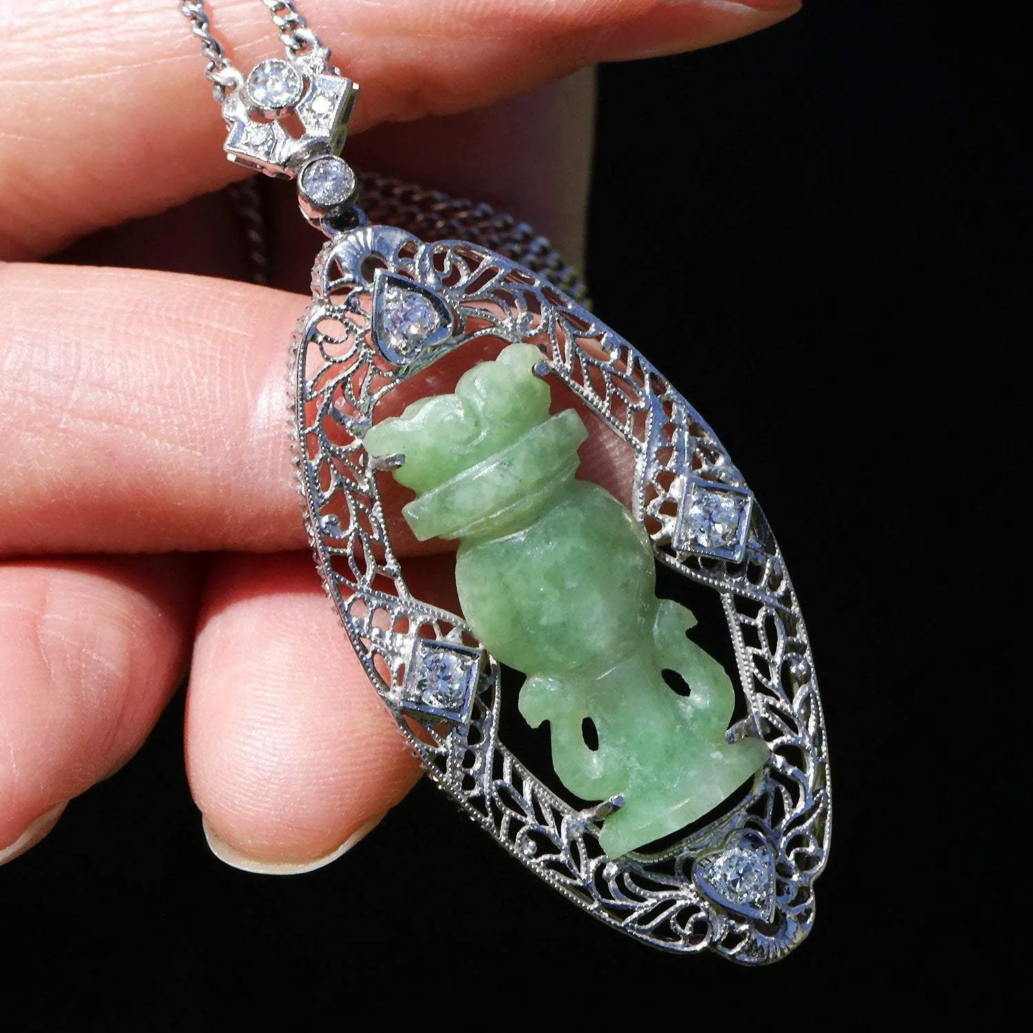 Antique Totem Jade Pendant Necklace with Diamonds 14K White Gold