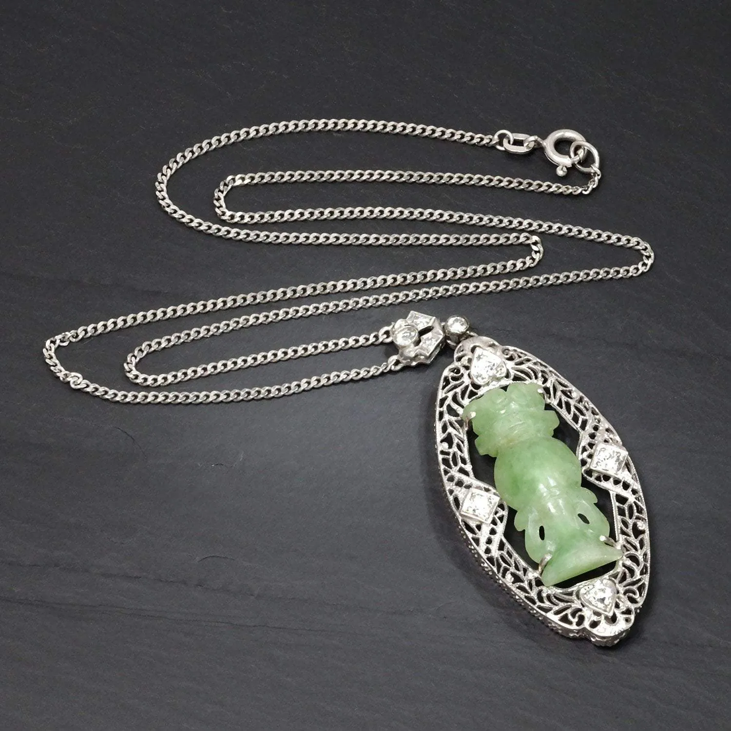 Antique Totem Jade Pendant Necklace with Diamonds 14K White Gold