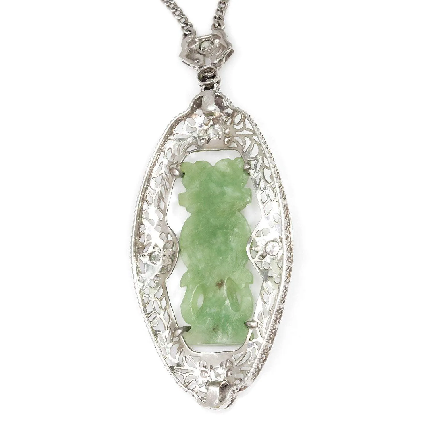 Antique Totem Jade Pendant Necklace with Diamonds 14K White Gold