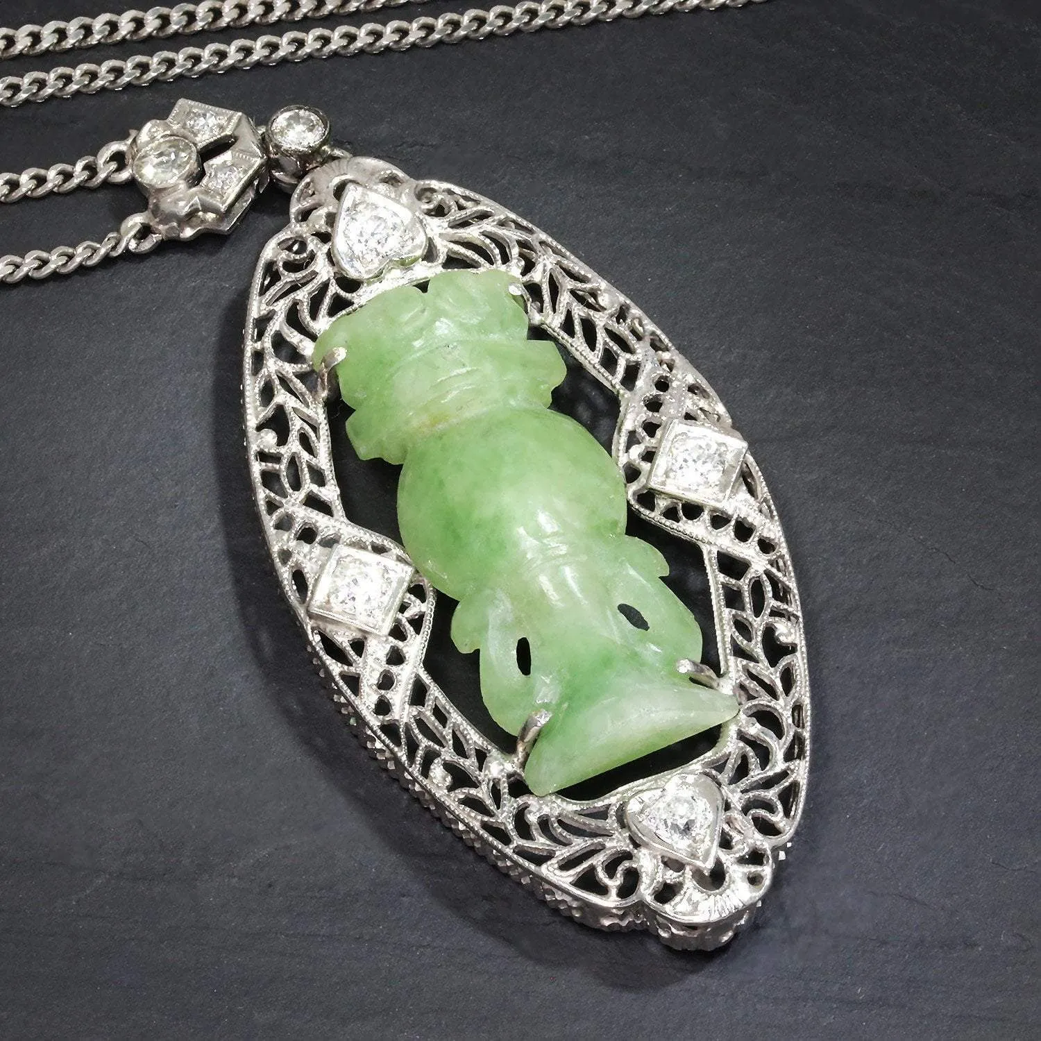 Antique Totem Jade Pendant Necklace with Diamonds 14K White Gold