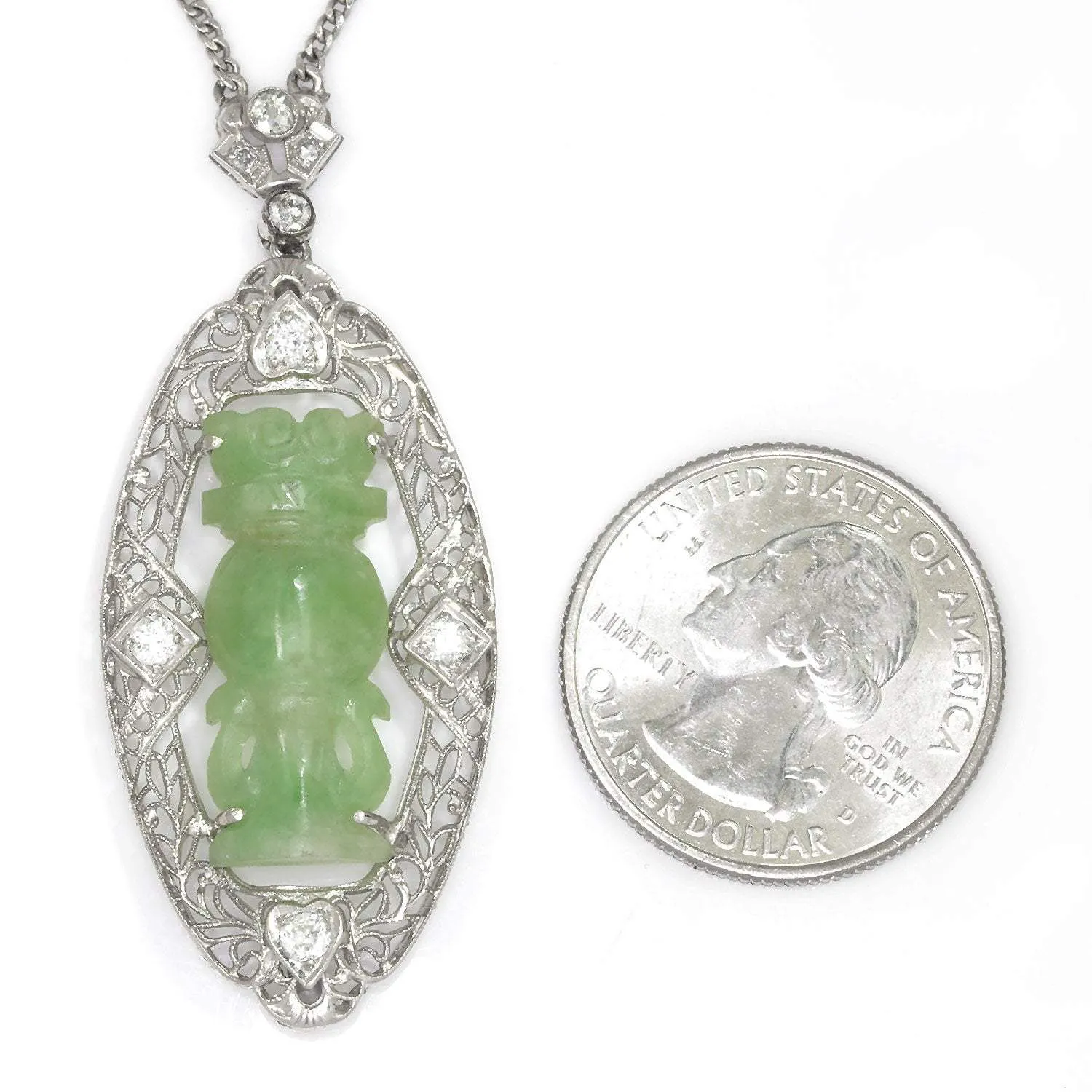 Antique Totem Jade Pendant Necklace with Diamonds 14K White Gold