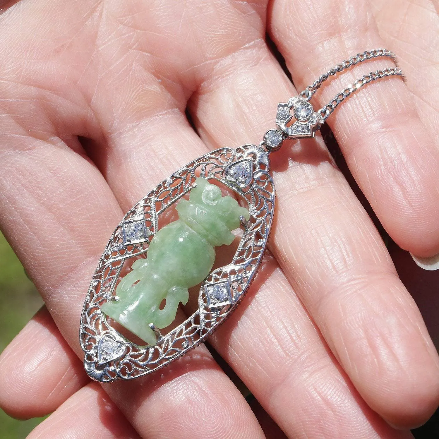 Antique Totem Jade Pendant Necklace with Diamonds 14K White Gold