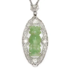 Antique Totem Jade Pendant Necklace with Diamonds 14K White Gold