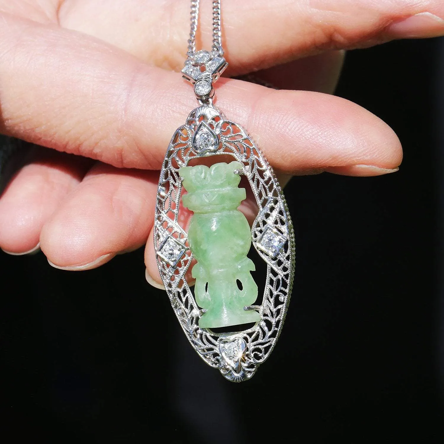 Antique Totem Jade Pendant Necklace with Diamonds 14K White Gold