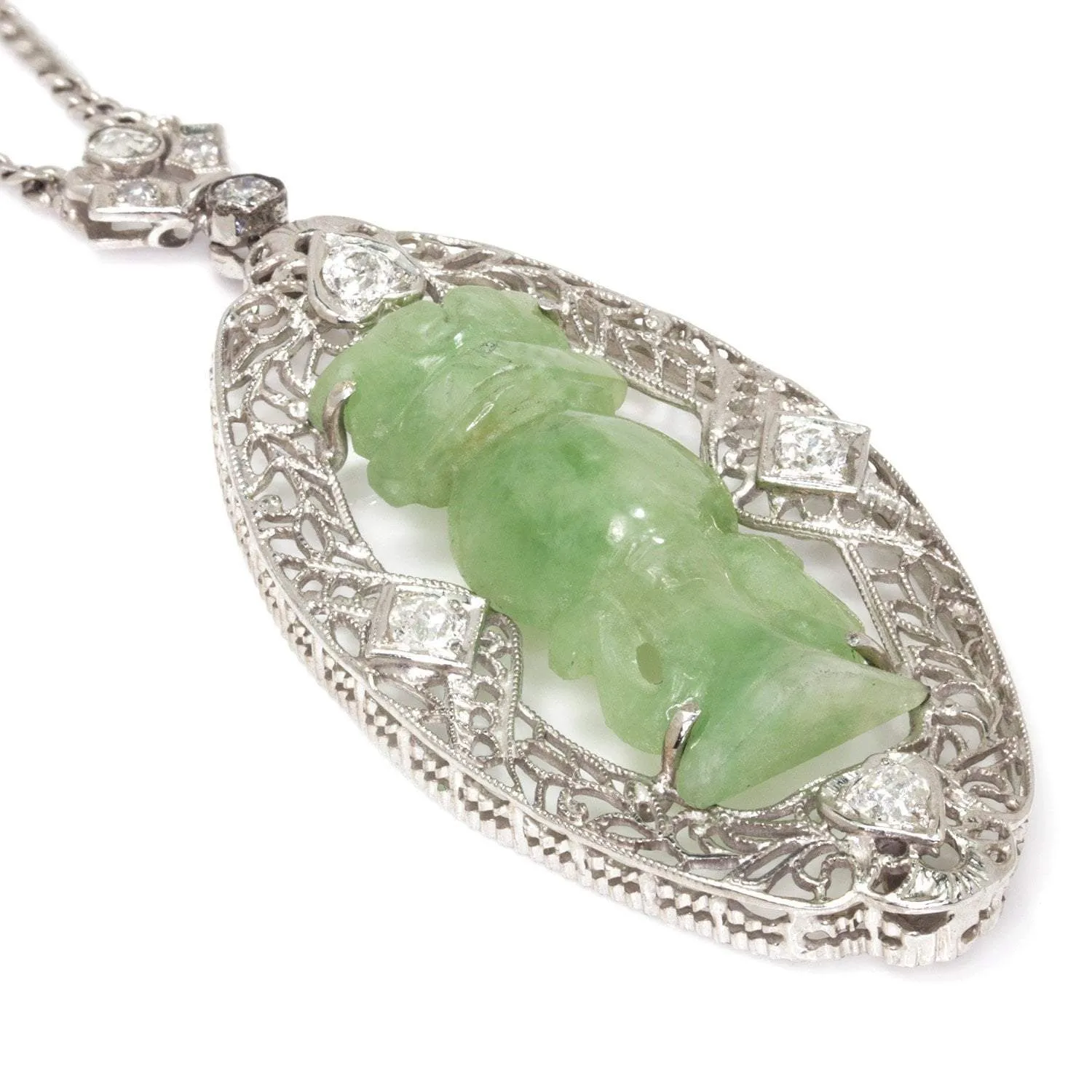 Antique Totem Jade Pendant Necklace with Diamonds 14K White Gold