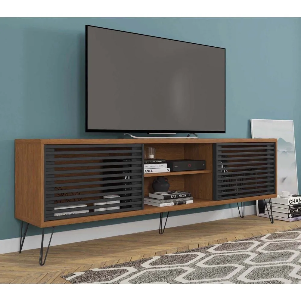 Arthur 71 Inch Handcrafted Wood TV Media Entertainment Console, Modern Slatted Doors, Single Shelf, Walnut Brown, Black By The Urban Port