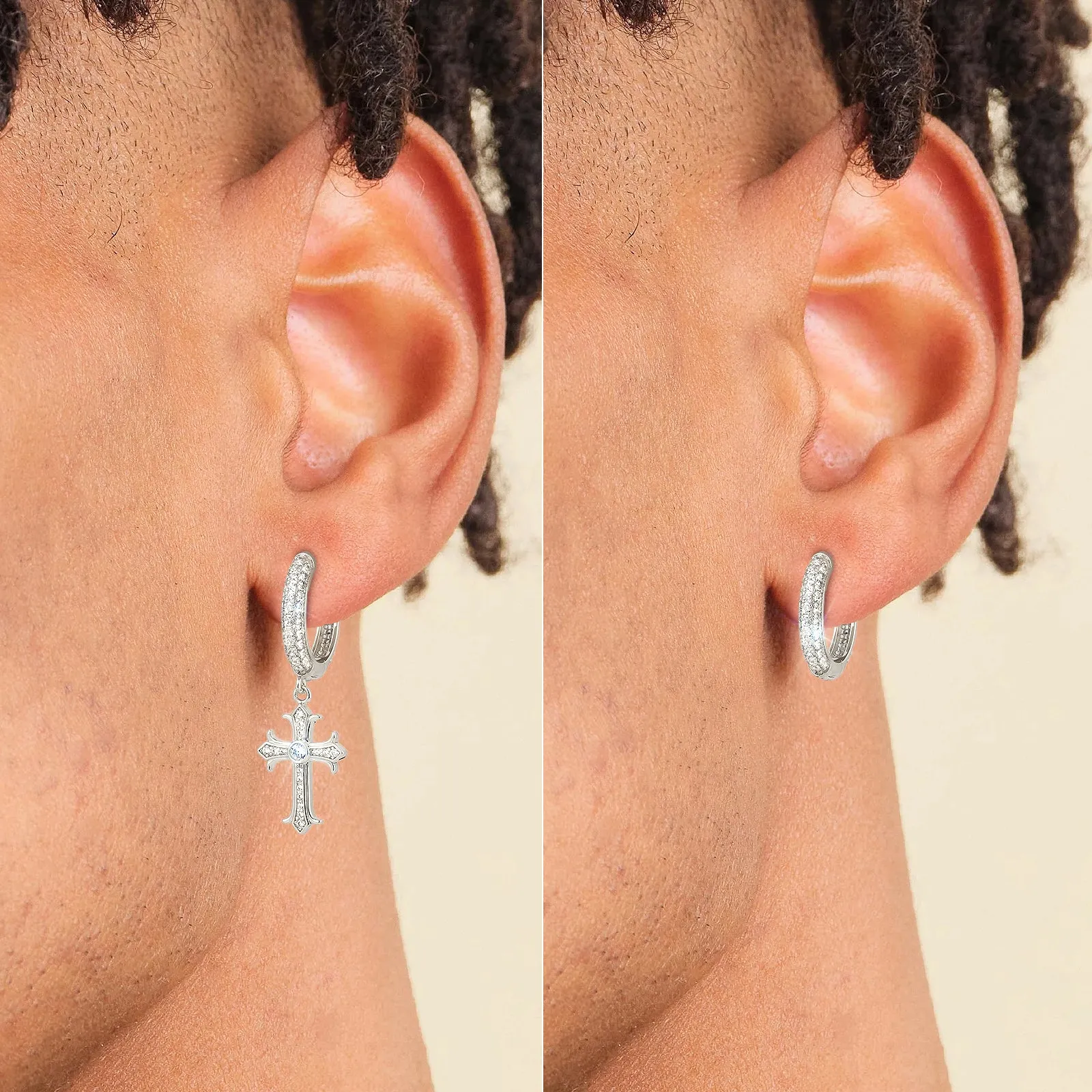 Asymmetric Hoop Earrings for Men with  Chrome Heart Cross