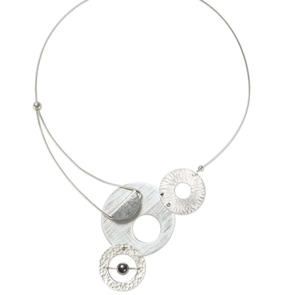 AXIS 3 Medium Sized Artistic Metal Statement Necklace with Front Closure from the SCULPTURAL Collection with Simulated Pearl or Jade option