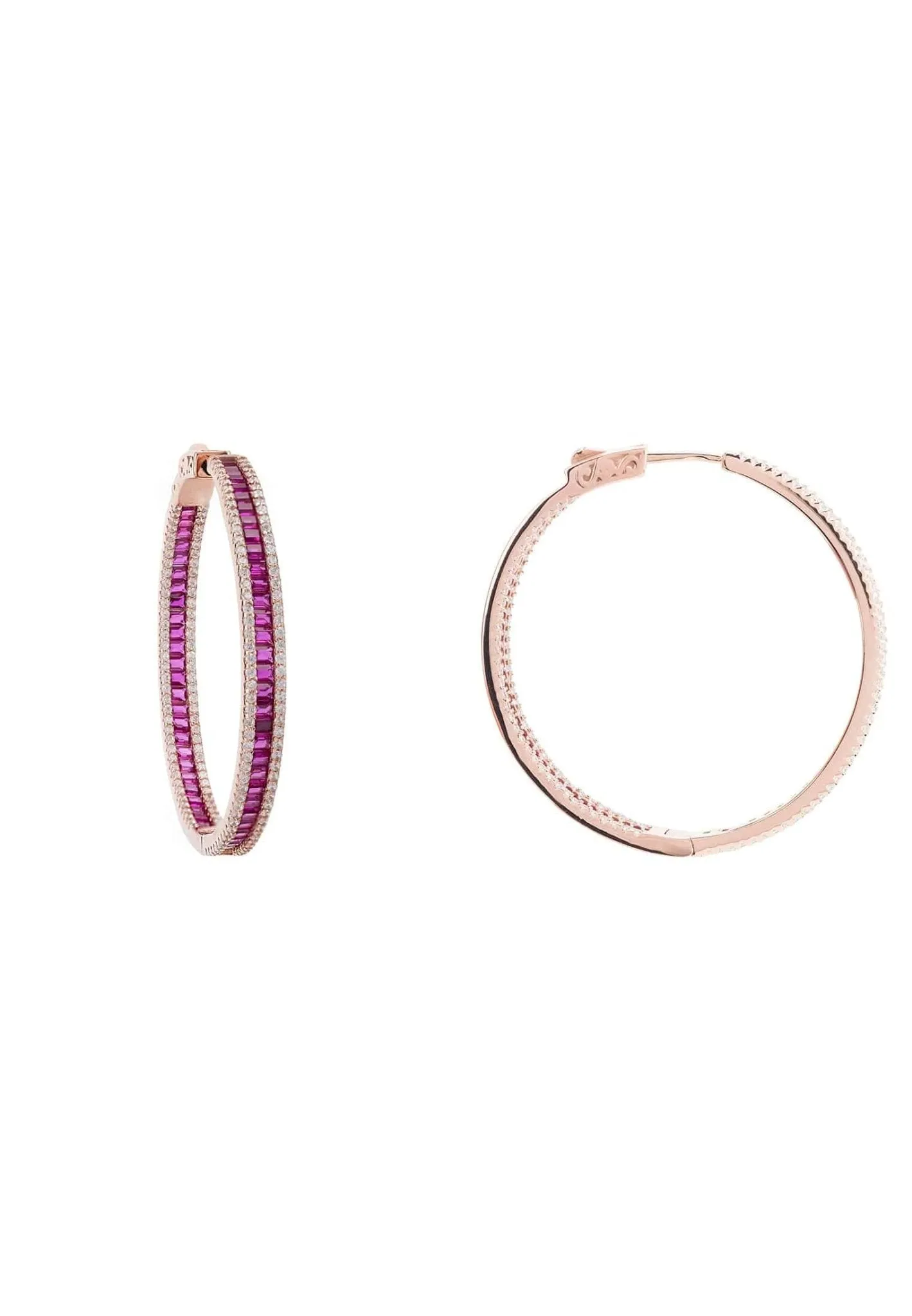 Baguette Large Hoop Large Earrings Rosegold Ruby Pink