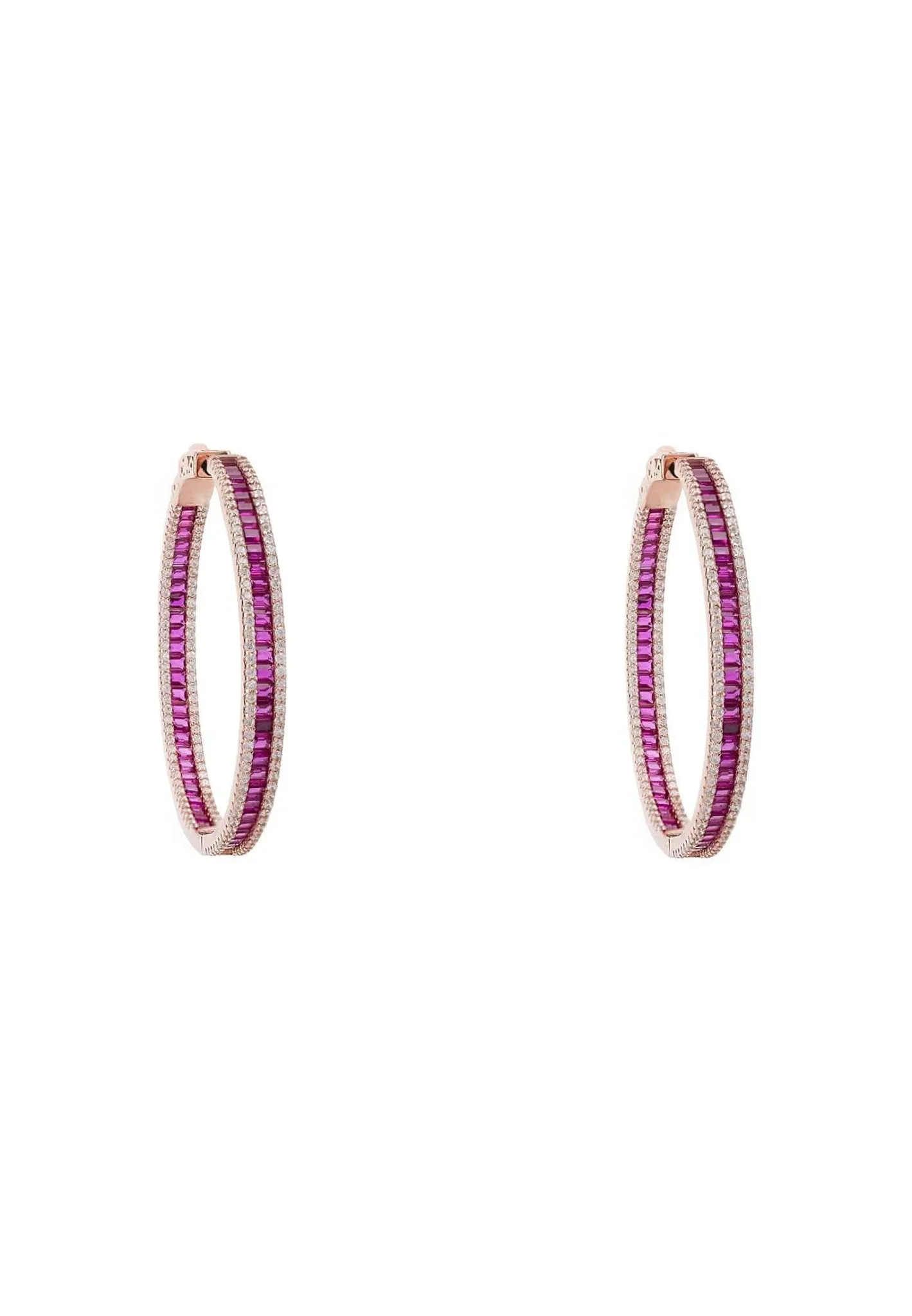 Baguette Large Hoop Large Earrings Rosegold Ruby Pink