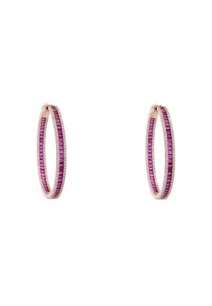 Baguette Large Hoop Large Earrings Rosegold Ruby Pink